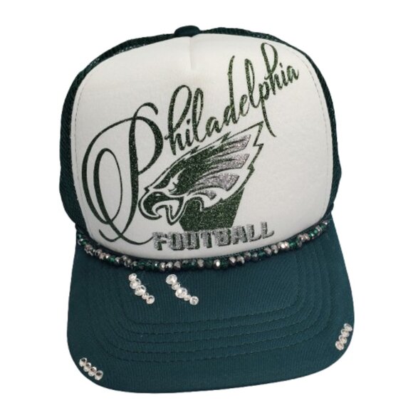 Philadelphia Football Green & Wht Fitted Adj. Cap Beads,Shiny Ltrg & Swark Cry. - Picture 1 of 7